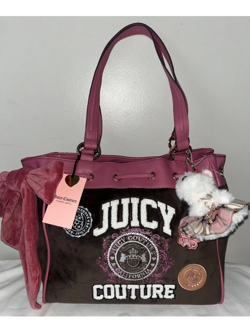 NEW! JUICY COUTURE Daydreamer Juicy Varsity Velour Tote in Chocolate/Mauve